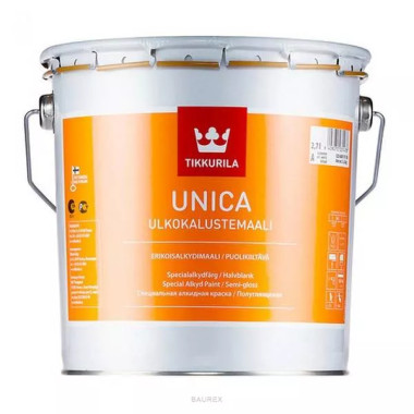 Полуглянцевая краска для металла, дерева, пластика Tikkurila Unica бесцветный (2,7 л) Полуглянцевая краска для металла, дерева, пластика Tikkurila Unica бесцветный (2,7 л)